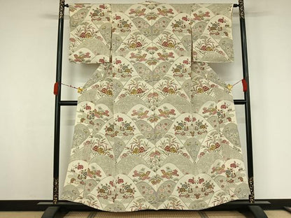 平和屋着物▽上質な小紋　単衣　流水鴛鴦花文　鬼しぼ縮緬　正絹　逸品　AABK3641jh