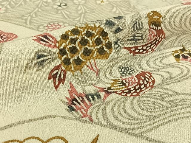 平和屋着物▽上質な小紋　単衣　流水鴛鴦花文　鬼しぼ縮緬　正絹　逸品　AABK3641jh