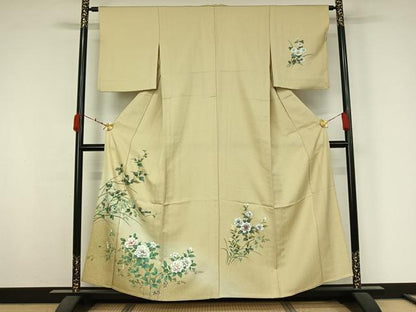 平和屋着物▽訪問着　単衣　草花文　暈し染め　金糸　金彩　正絹　逸品　AABK3642jh