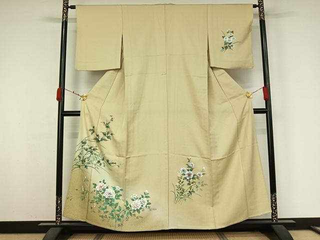 平和屋着物▽訪問着　単衣　草花文　暈し染め　金糸　金彩　正絹　逸品　AABK3642jh