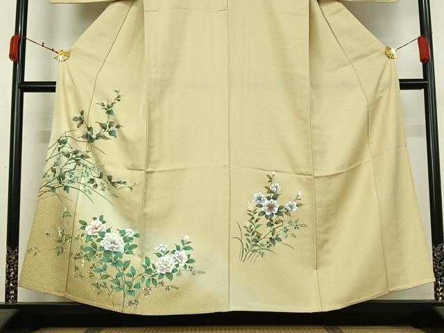 平和屋着物▽訪問着　単衣　草花文　暈し染め　金糸　金彩　正絹　逸品　AABK3642jh