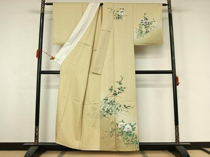 平和屋着物▽訪問着　単衣　草花文　暈し染め　金糸　金彩　正絹　逸品　AABK3642jh