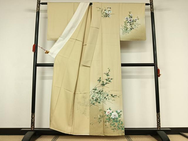 平和屋着物▽訪問着　単衣　草花文　暈し染め　金糸　金彩　正絹　逸品　AABK3642jh
