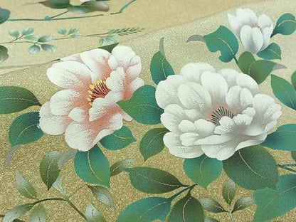 平和屋着物▽訪問着　単衣　草花文　暈し染め　金糸　金彩　正絹　逸品　AABK3642jh