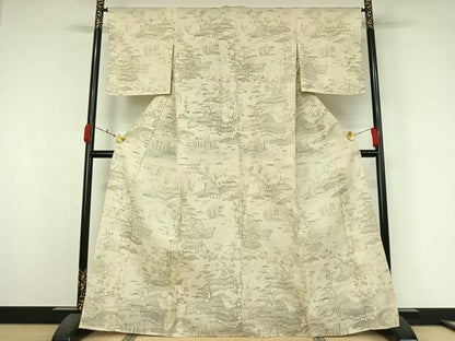 平和屋着物▽染織の名門　しょうざん  生紬　単衣　風景松竹梅文　正絹　逸品　AABK3643jh