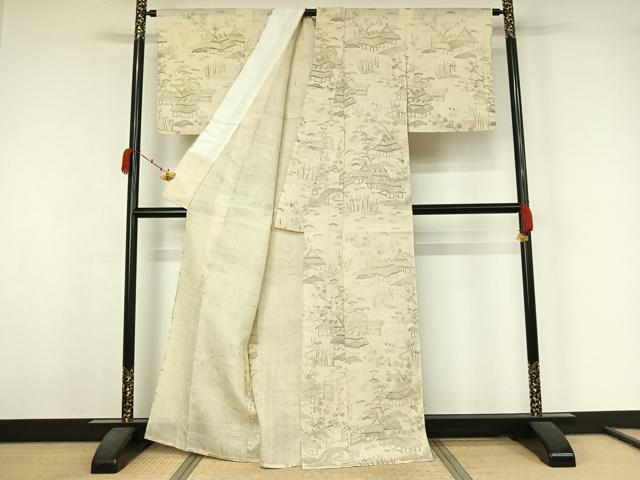 平和屋着物▽染織の名門　しょうざん  生紬　単衣　風景松竹梅文　正絹　逸品　AABK3643jh
