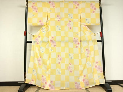 平和屋着物▽小紋　単衣　花蝶文　未使用　AABK3645jh