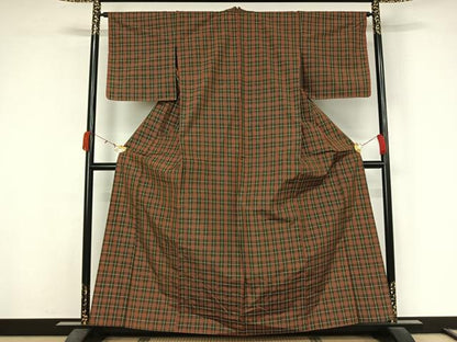 平和屋着物▽上質な紬 　単衣　格子 　正絹　逸品　未使用　AABK3646jh