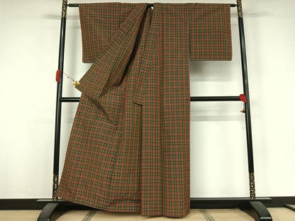 平和屋着物▽上質な紬 　単衣　格子 　正絹　逸品　未使用　AABK3646jh