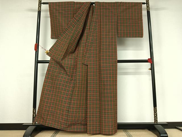平和屋着物▽上質な紬 　単衣　格子 　正絹　逸品　未使用　AABK3646jh