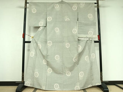平和屋着物▽お召　単衣　源氏車文　反端付き　正絹　逸品　AABK3647jh