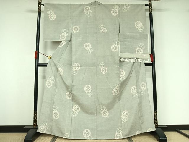平和屋着物▽お召　単衣　源氏車文　反端付き　正絹　逸品　AABK3647jh