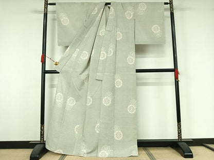 平和屋着物▽お召　単衣　源氏車文　反端付き　正絹　逸品　AABK3647jh