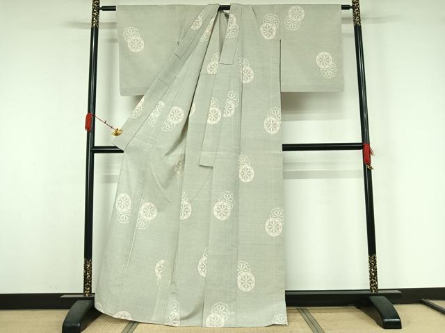 平和屋着物▽お召　単衣　源氏車文　反端付き　正絹　逸品　AABK3647jh