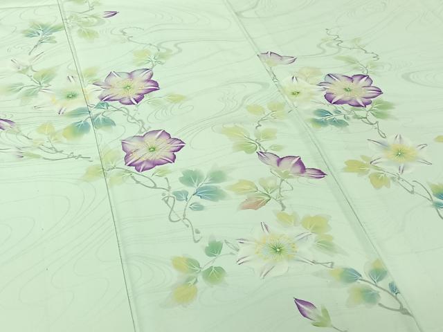 平和屋着物▽訪問着　単衣　手描き　流水花文　正絹　逸品　AABK3648jh