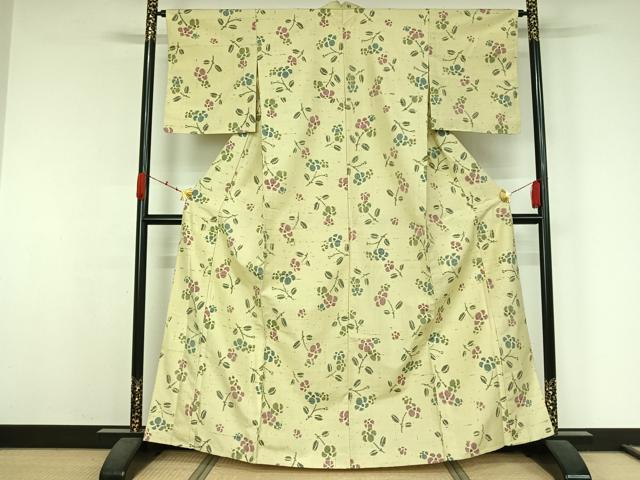 平和屋着物▽上質な紬　単衣　草花文　正絹　逸品　AABK3649jh