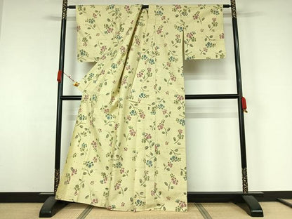 平和屋着物▽上質な紬　単衣　草花文　正絹　逸品　AABK3649jh