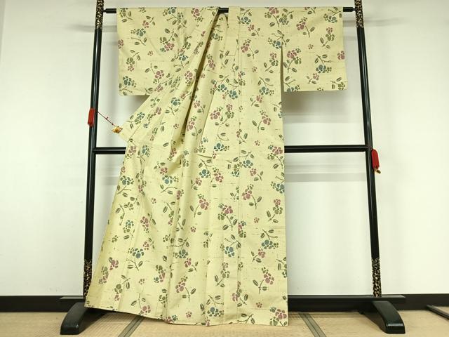 平和屋着物▽上質な紬　単衣　草花文　正絹　逸品　AABK3649jh