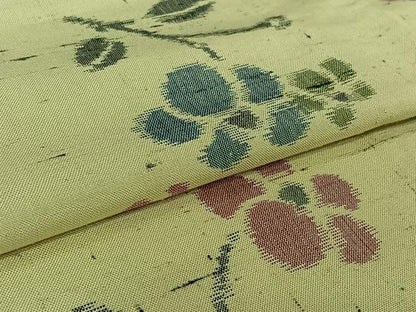 平和屋着物▽上質な紬　単衣　草花文　正絹　逸品　AABK3649jh