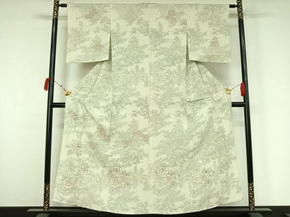 平和屋着物▽訪問着　単衣　手描き　草花文　鬼しぼ縮緬　正絹　逸品　AABK3654jh