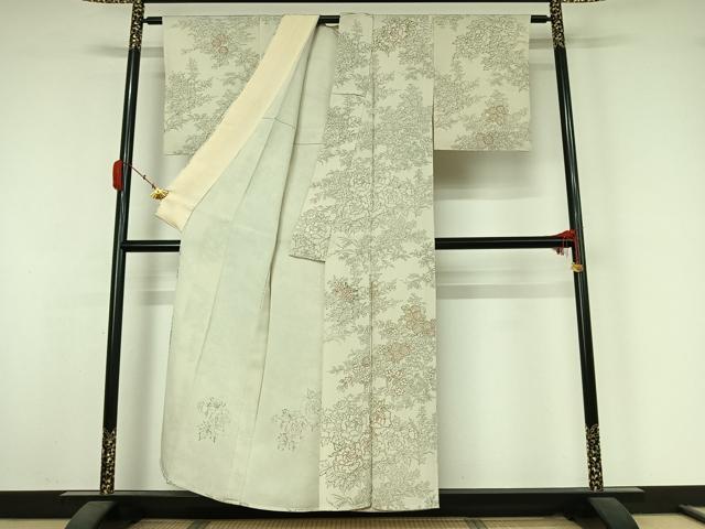 平和屋着物▽訪問着　単衣　手描き　草花文　鬼しぼ縮緬　正絹　逸品　AABK3654jh