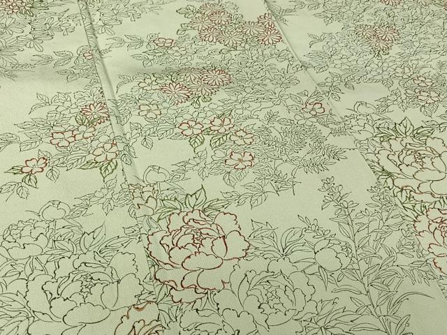 平和屋着物▽訪問着　単衣　手描き　草花文　鬼しぼ縮緬　正絹　逸品　AABK3654jh