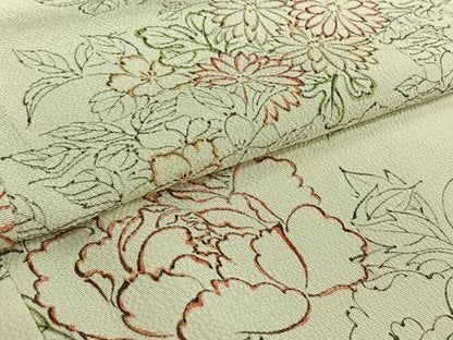 平和屋着物▽訪問着　単衣　手描き　草花文　鬼しぼ縮緬　正絹　逸品　AABK3654jh