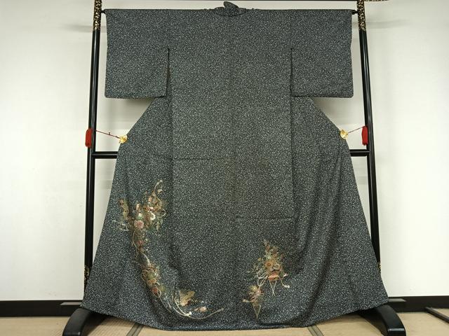 平和屋着物▽訪問着　単衣　御所車扇面花文　たたき染め　黒地　金銀彩　洗える着物　AABK3655jh