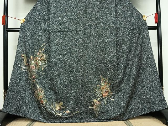 平和屋着物▽訪問着　単衣　御所車扇面花文　たたき染め　黒地　金銀彩　洗える着物　AABK3655jh