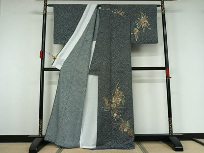 平和屋着物▽訪問着　単衣　御所車扇面花文　たたき染め　黒地　金銀彩　洗える着物　AABK3655jh