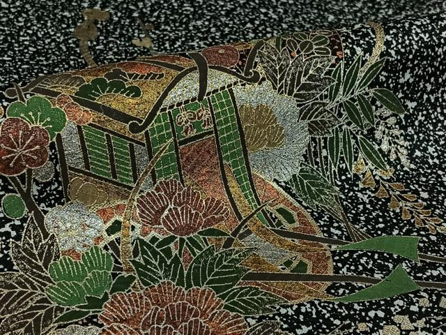 平和屋着物▽訪問着　単衣　御所車扇面花文　たたき染め　黒地　金銀彩　洗える着物　AABK3655jh