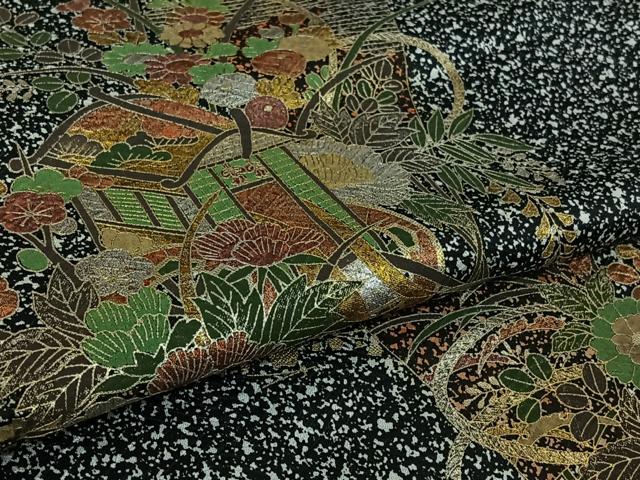 平和屋着物▽訪問着　単衣　御所車扇面花文　たたき染め　黒地　金銀彩　洗える着物　AABK3655jh