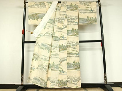 平和屋着物▽上質な小紋　単衣　東海道五拾三次　正絹　逸品　AABK3661jh