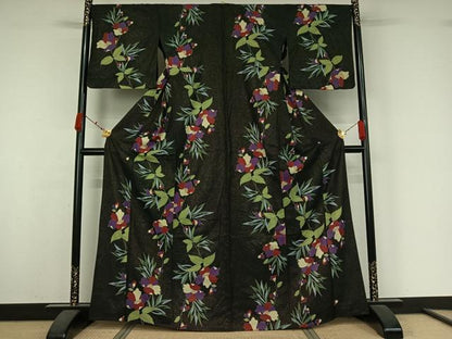 平和屋着物▽小紋　単衣　草花文　金通し地　AABK3662jh