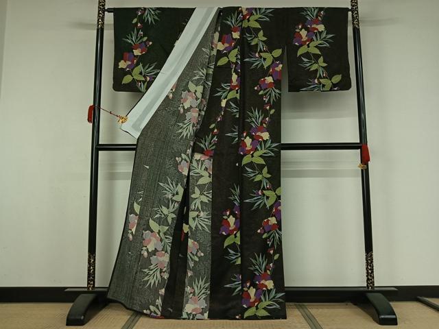 平和屋着物▽小紋　単衣　草花文　金通し地　AABK3662jh