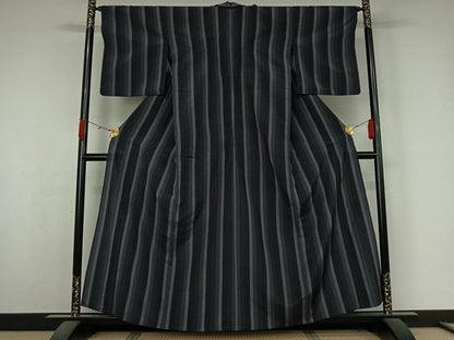 平和屋着物▽本塩沢　単衣　縞　正絹　逸品　AABK3665jh