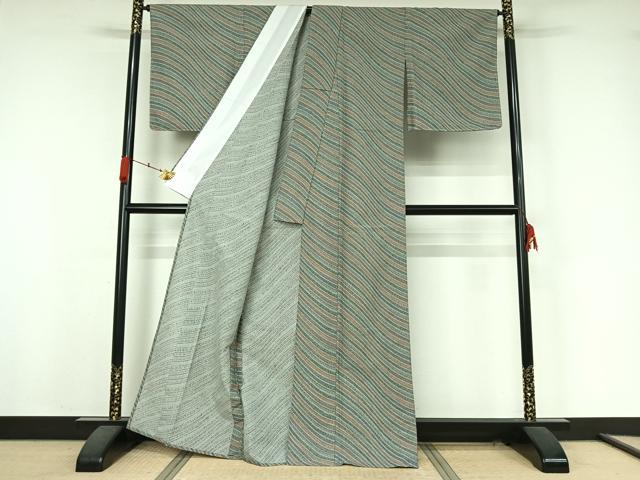平和屋着物▽小紋　単衣　変わり斜縞　洗える着物　未使用　AABK3668jh
