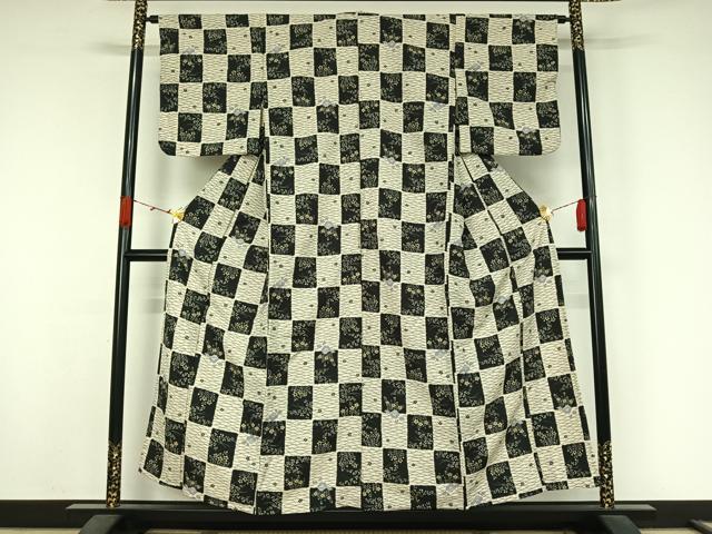 平和屋着物▽小紋　単衣　市松花文　洗える着物　AABK3671jh