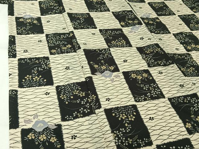 平和屋着物▽小紋　単衣　市松花文　洗える着物　AABK3671jh