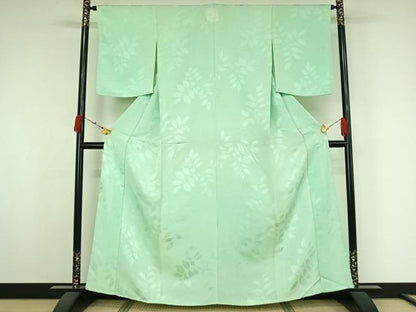 平和屋着物▽上質な色無地　単衣　草葉地紋　白緑色　正絹　逸品　AABK3678jh