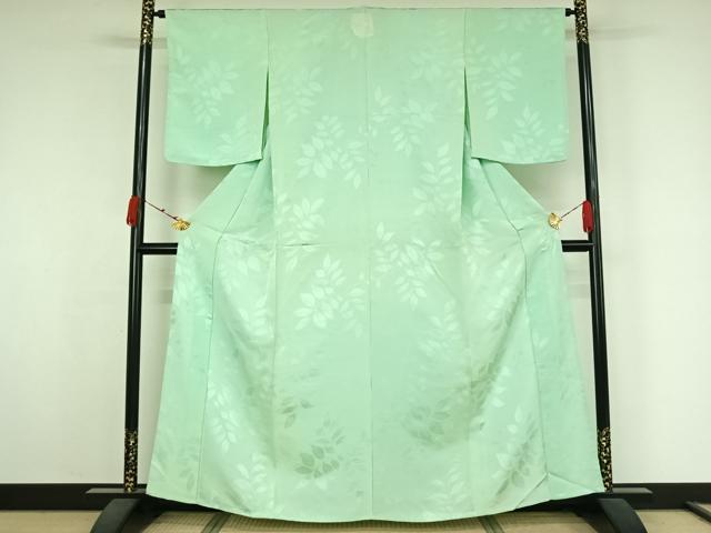 平和屋着物▽上質な色無地　単衣　草葉地紋　白緑色　正絹　逸品　AABK3678jh