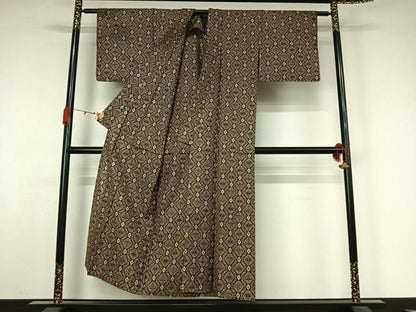 平和屋着物▽本場大島紬　単衣　割り込み絣　幾何学文様　正絹　逸品　AABK3681jh