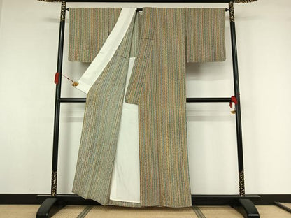 平和屋着物▽上質な小紋　単衣　手描き　縞　正絹　逸品　AABK3682jh