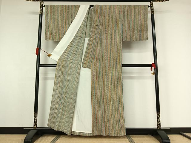 平和屋着物▽上質な小紋　単衣　手描き　縞　正絹　逸品　AABK3682jh