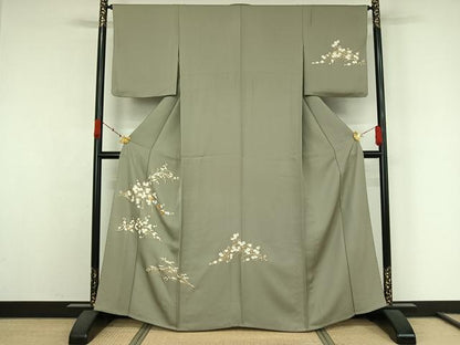 平和屋着物▽訪問着　単衣　駒刺繍　草花文　金彩　正絹　逸品　AABK3683jh