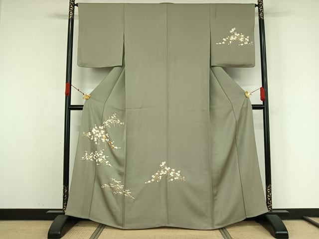 平和屋着物▽訪問着　単衣　駒刺繍　草花文　金彩　正絹　逸品　AABK3683jh