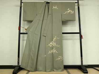 平和屋着物▽訪問着　単衣　駒刺繍　草花文　金彩　正絹　逸品　AABK3683jh