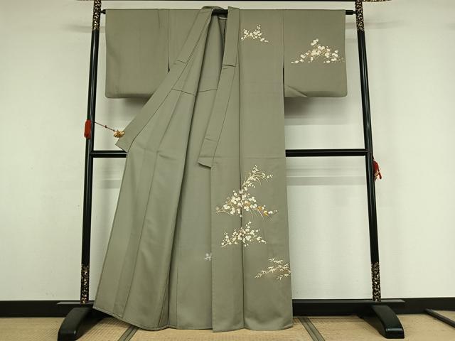 平和屋着物▽訪問着　単衣　駒刺繍　草花文　金彩　正絹　逸品　AABK3683jh
