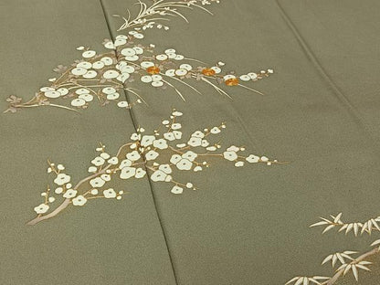 平和屋着物▽訪問着　単衣　駒刺繍　草花文　金彩　正絹　逸品　AABK3683jh