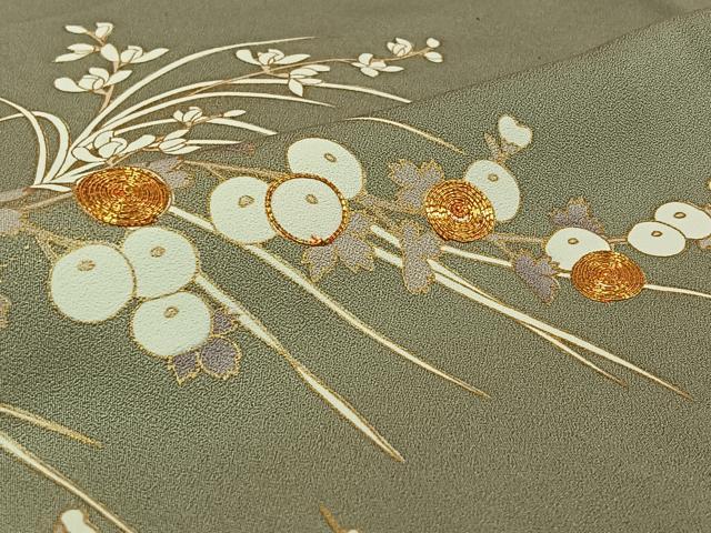 平和屋着物▽訪問着　単衣　駒刺繍　草花文　金彩　正絹　逸品　AABK3683jh